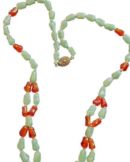 Chinese Export Jadite & Carnelian 2 strand Multi Strand Gemstone necklace
