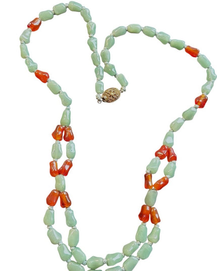 Chinese Export Jadite & Carnelian 2 strand Multi Strand Gemstone necklace
