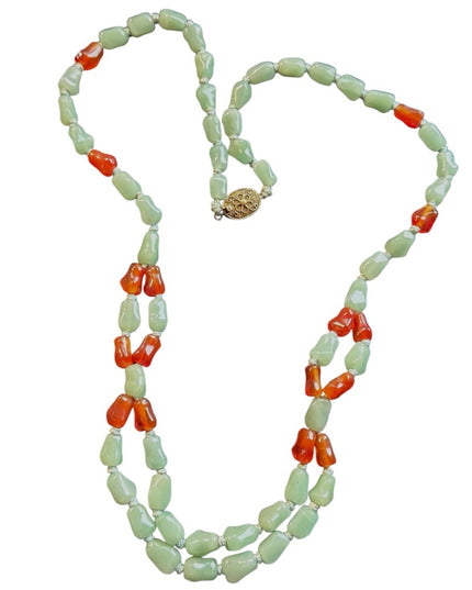Chinese Export Jadite & Carnelian 2 strand Multi Strand Gemstone necklace