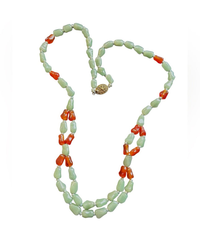 Chinese Export Jadite & Carnelian 2 strand Multi Strand Gemstone necklace