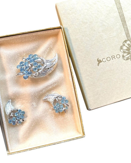 Coro Silver Finish Blue Floral Brooch Set Earrings Brooch NWB