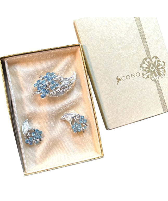 Coro Silver Finish Blue Floral Brooch Set Earrings Brooch NWB