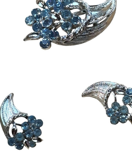 Coro Silver Finish Blue Floral Brooch Set Earrings Brooch NWB