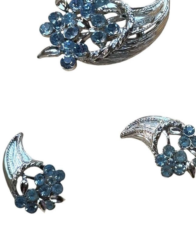 Coro Silver Finish Blue Floral Brooch Set Earrings Brooch NWB