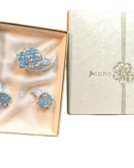 Coro Silver Finish Blue Floral Brooch Set Earrings Brooch NWB