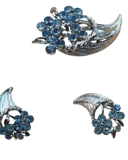 Coro Silver Finish Blue Floral Brooch Set Earrings Brooch NWB