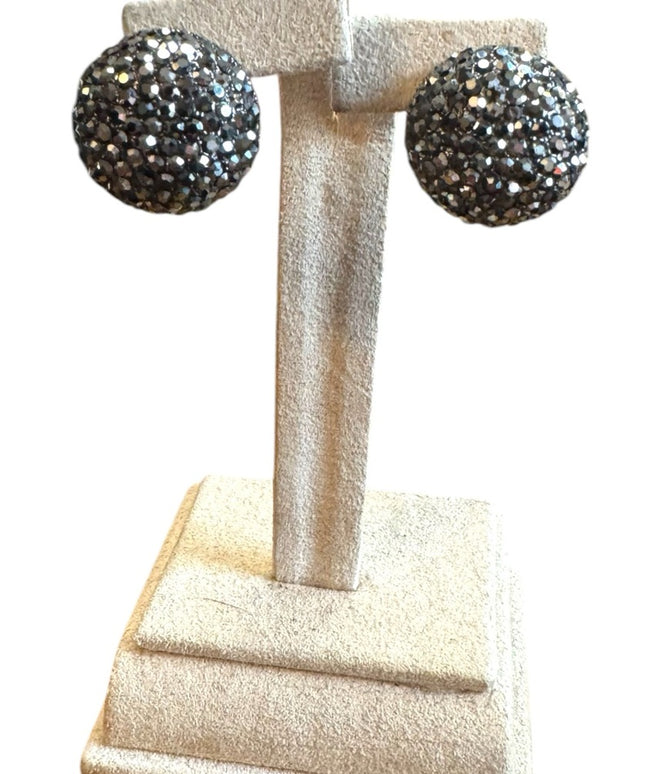 Vintage Joan Rivers Shimmering Pave Ball Earrings Gun Metal French Stunning