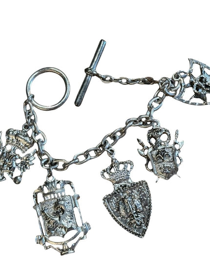Silver Charm Bracelet Crest Pendants Vintage Lion Shield Crown Medallions
