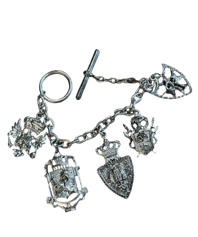 Silver Charm Bracelet Crest Pendants Vintage Lion Shield Crown Medallions