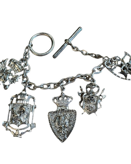 Silver Charm Bracelet Crest Pendants Vintage Lion Shield Crown Medallions