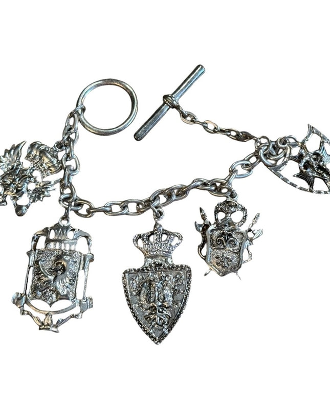 Silver Charm Bracelet Crest Pendants Vintage Lion Shield Crown Medallions