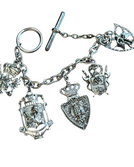 Silver Charm Bracelet Crest Pendants Vintage Lion Shield Crown Medallions