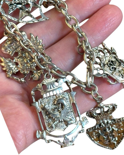 Silver Charm Bracelet Crest Pendants Vintage Lion Shield Crown Medallions