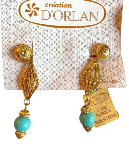 Vintage D Orlan Gold plt Turquoise glass dangle clip on Earrings