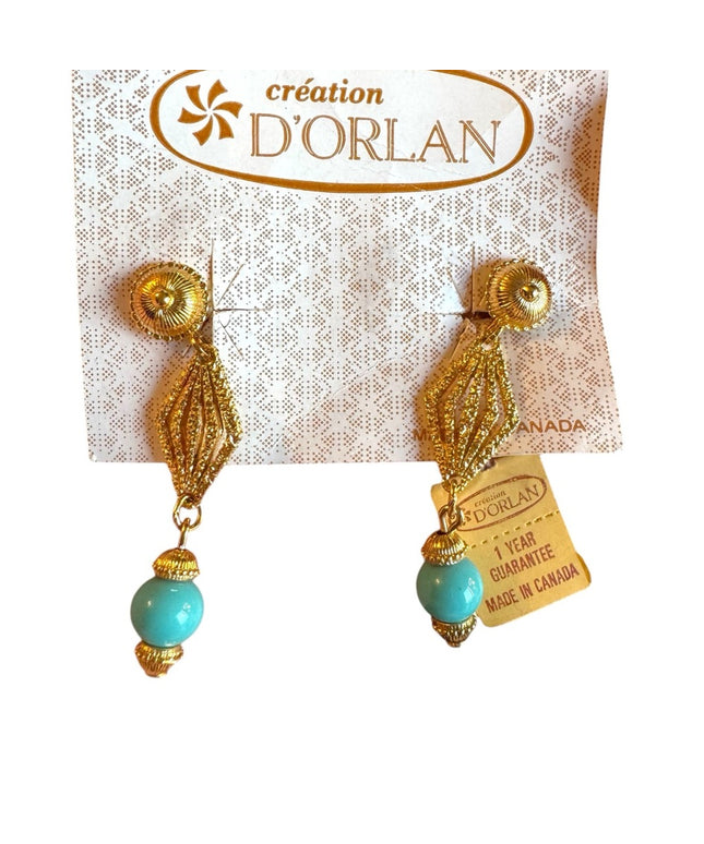 Vintage D Orlan Gold plt Turquoise glass dangle clip on Earrings