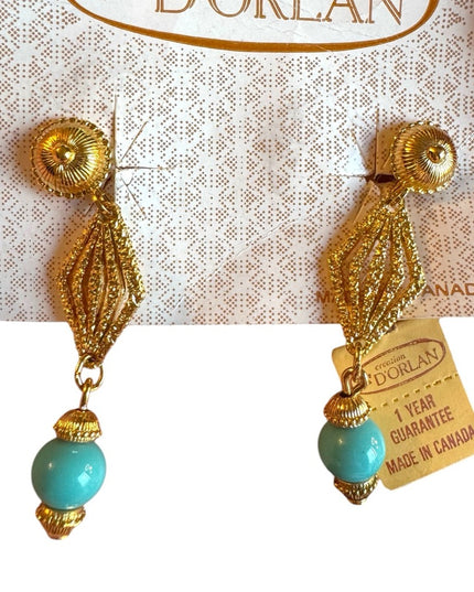 Vintage D Orlan Gold plt Turquoise glass dangle clip on Earrings