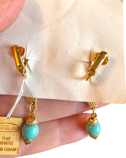 Vintage D Orlan Gold plt Turquoise glass dangle clip on Earrings