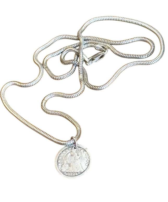 Antique 1853 USA Half Dime pendant necklace sterling silver 925