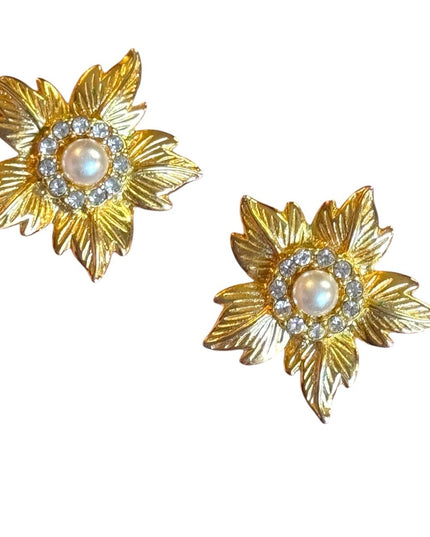Vintage Gold Leaf Pearl rhinestone floral flower Earrings