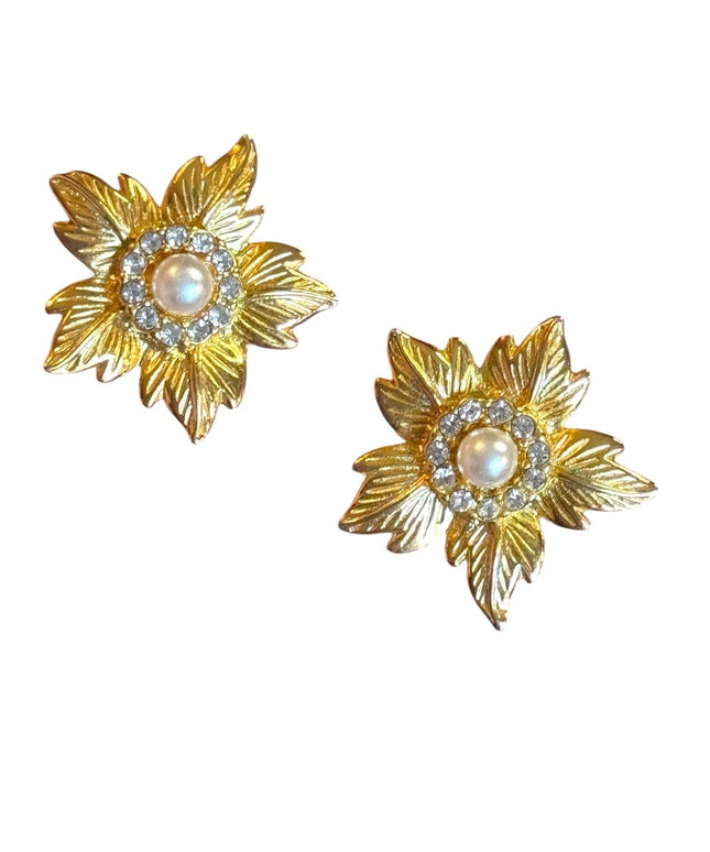 Vintage Gold Leaf Pearl rhinestone floral flower Earrings