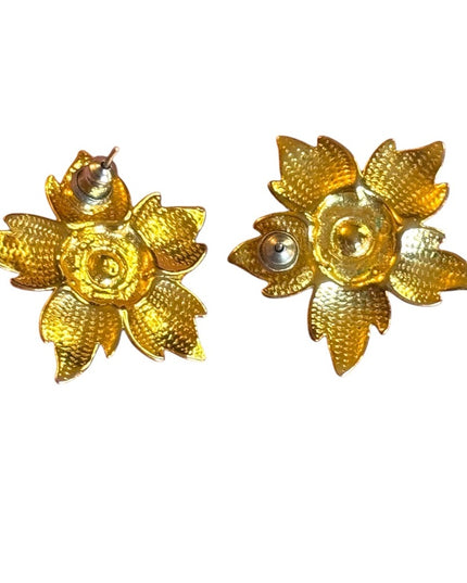 Vintage Gold Leaf Pearl rhinestone floral flower Earrings