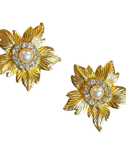 Vintage Gold Leaf Pearl rhinestone floral flower Earrings