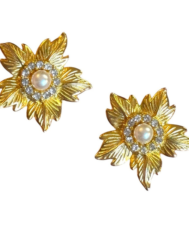 Vintage Gold Leaf Pearl rhinestone floral flower Earrings