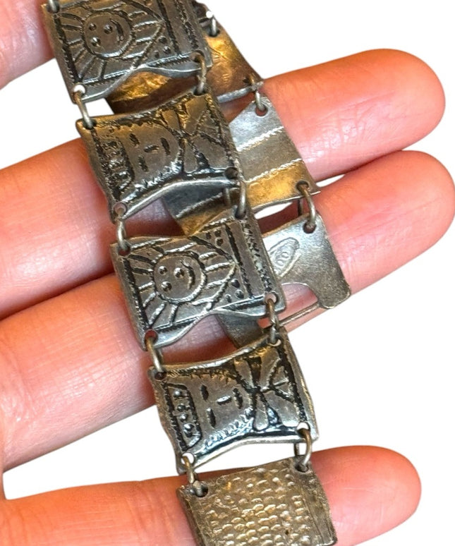Vintage Aztec Mayan Warrior Panel 900 Silver Bracelet god