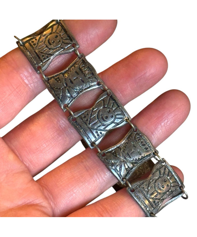 Vintage Aztec Mayan Warrior Panel 900 Silver Bracelet god