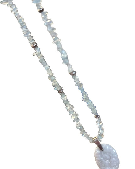 Elegant Blue Aquamarine & Carved floral Blue Jade Stone Necklace