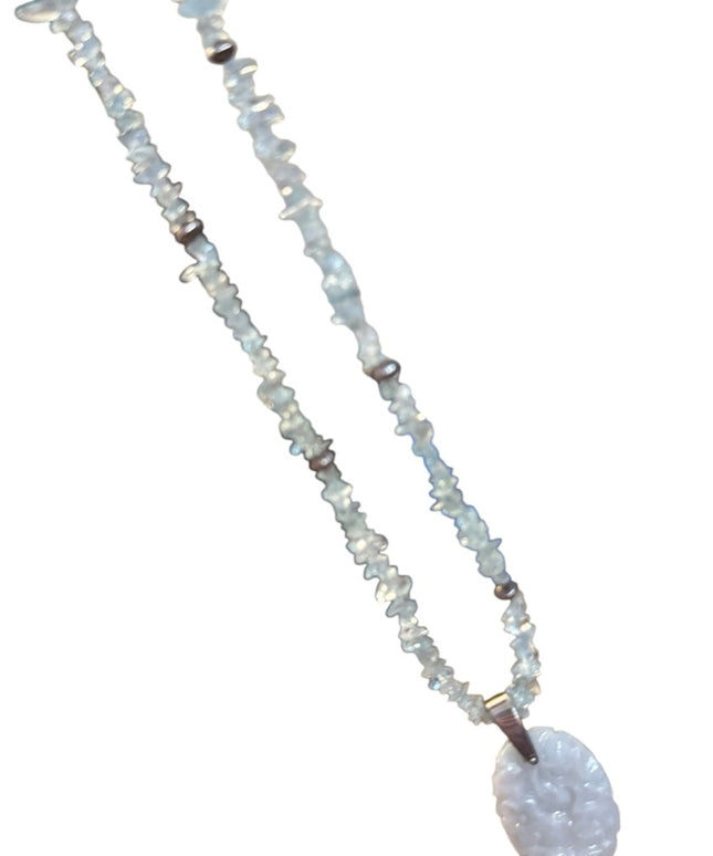Elegant Blue Aquamarine & Carved floral Blue Jade Stone Necklace