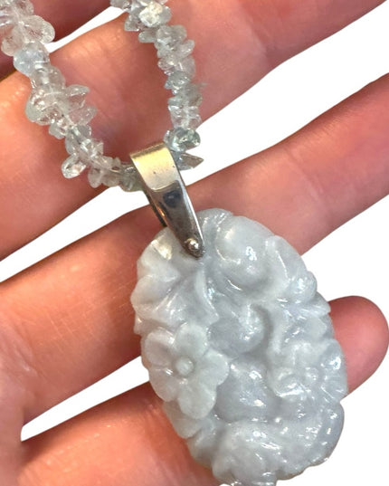 Elegant Blue Aquamarine & Carved floral Blue Jade Stone Necklace
