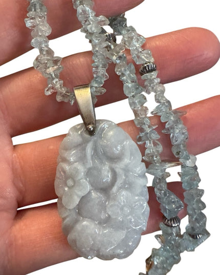 Elegant Blue Aquamarine & Carved floral Blue Jade Stone Necklace