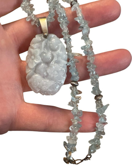 Elegant Blue Aquamarine & Carved floral Blue Jade Stone Necklace