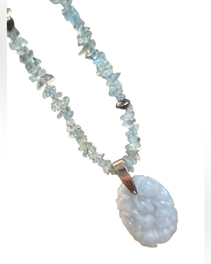 Elegant Blue Aquamarine & Carved floral Blue Jade Stone Necklace