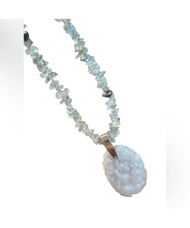 Elegant Blue Aquamarine & Carved floral Blue Jade Stone Necklace