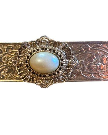 Elegant Vintage Gold Floral Made In France floral etched Hair Clip Pearl Accent