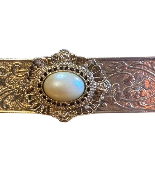 Elegant Vintage Gold Floral Made In France floral etched Hair Clip Pearl Accent