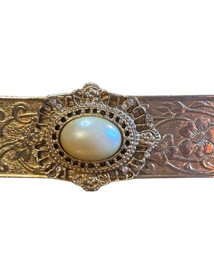 Elegant Vintage Gold Floral Made In France floral etched Hair Clip Pearl Accent
