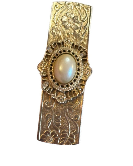 Elegant Vintage Gold Floral Made In France floral etched Hair Clip Pearl Accent