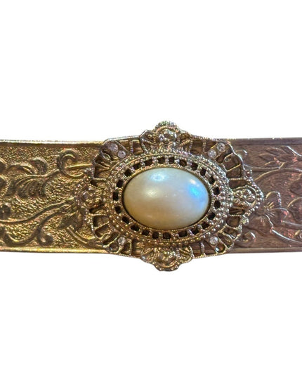 Elegant Vintage Gold Floral Made In France floral etched Hair Clip Pearl Accent