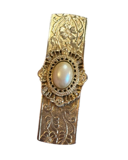 Elegant Vintage Gold Floral Made In France floral etched Hair Clip Pearl Accent