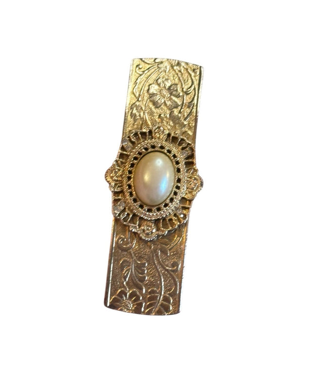 Elegant Vintage Gold Floral Made In France floral etched Hair Clip Pearl Accent