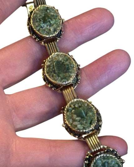 Elegant VINTAGE gold tone jade rock bracelet Green Stone Bracelet