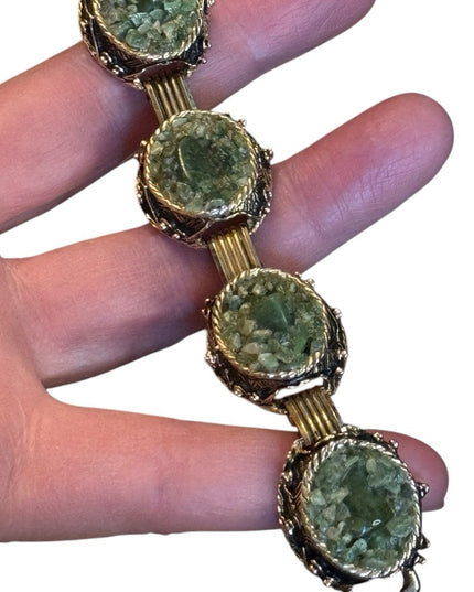 Elegant VINTAGE gold tone jade rock bracelet Green Stone Bracelet
