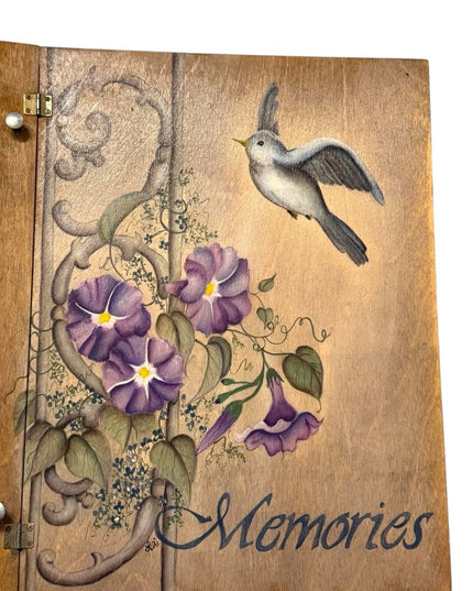 Vintage Hand Crafted  Painted Wooden Memory Album with Bird and Flowers