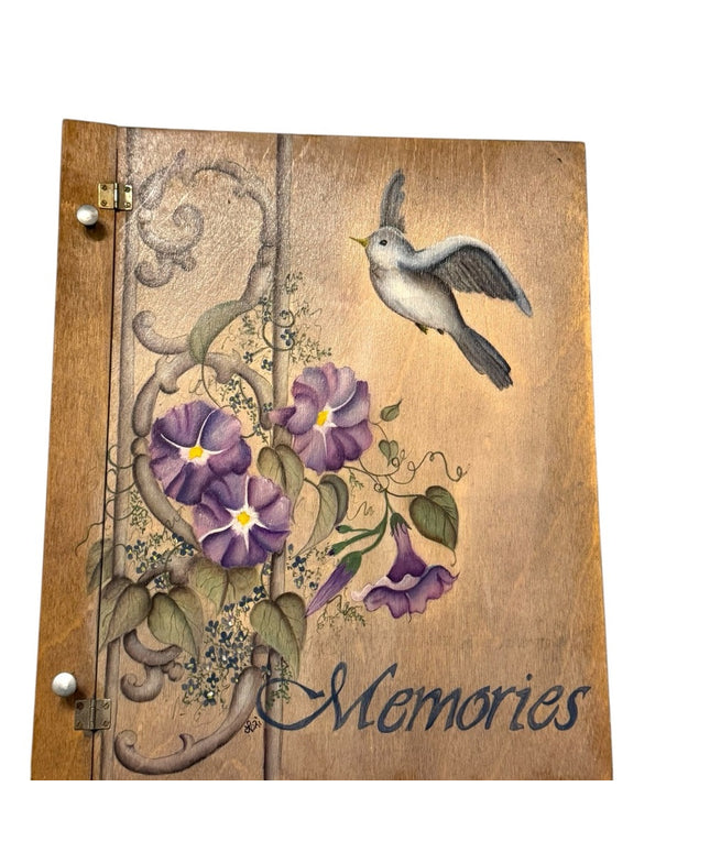 Vintage Hand Crafted  Painted Wooden Memory Album with Bird and Flowers