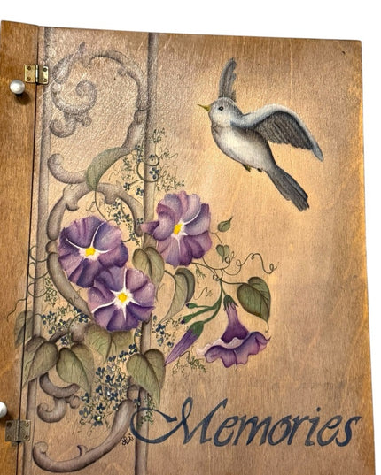 Vintage Hand Crafted  Painted Wooden Memory Album with Bird and Flowers