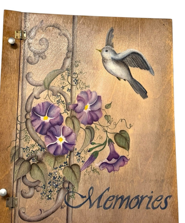 Vintage Hand Crafted  Painted Wooden Memory Album with Bird and Flowers