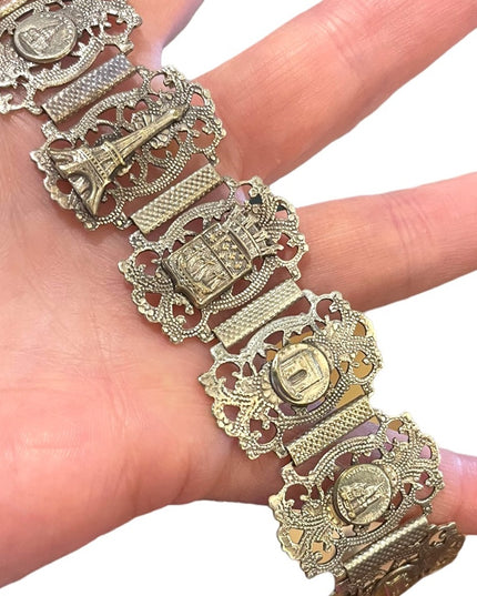 Art Deco early 1970s Silver rhodium plate Paris Tour bracelet Parisian France